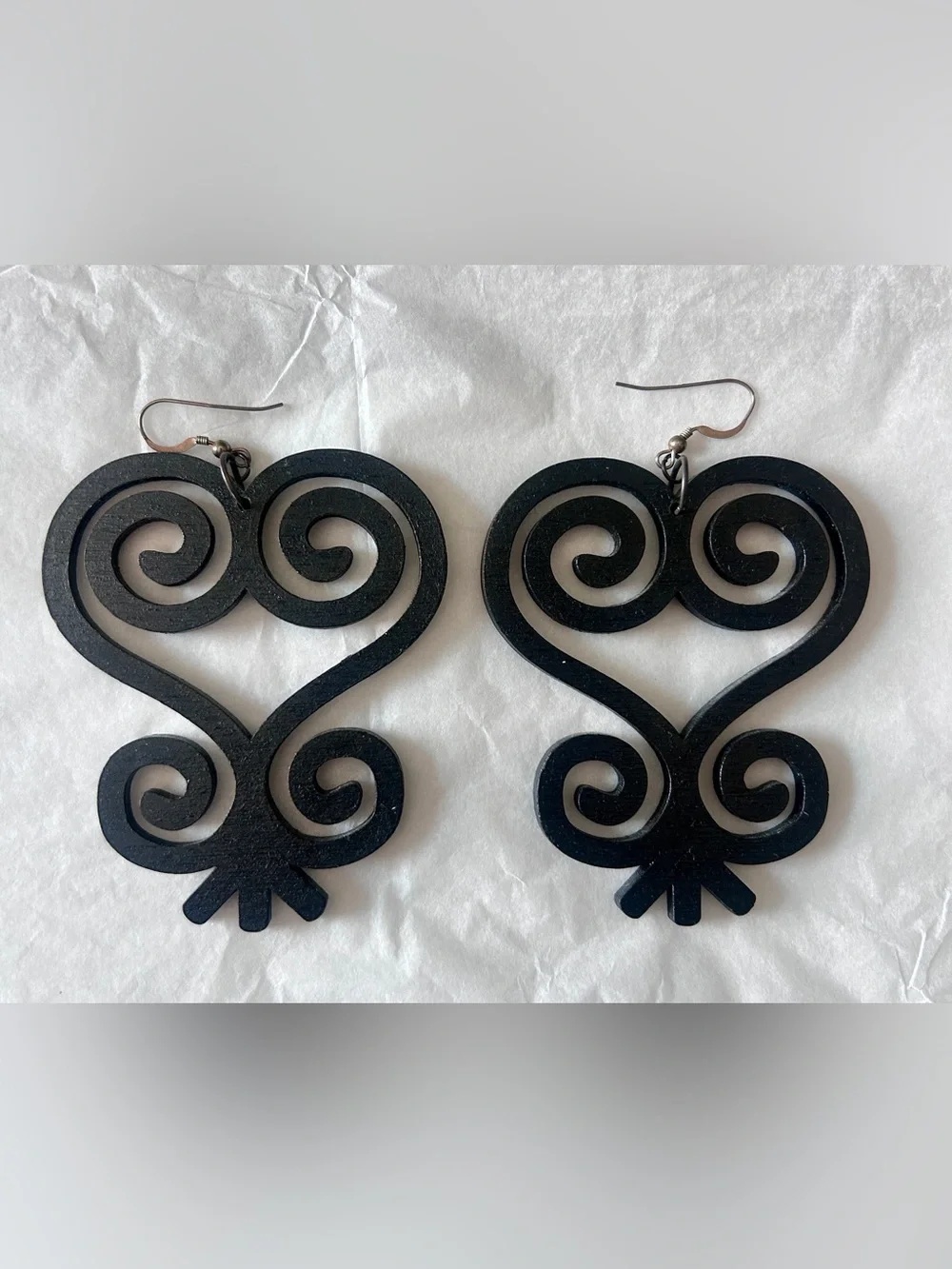 Black Sankofa Heart Wood Drop Earrings Adinkra Symbol Jewelry